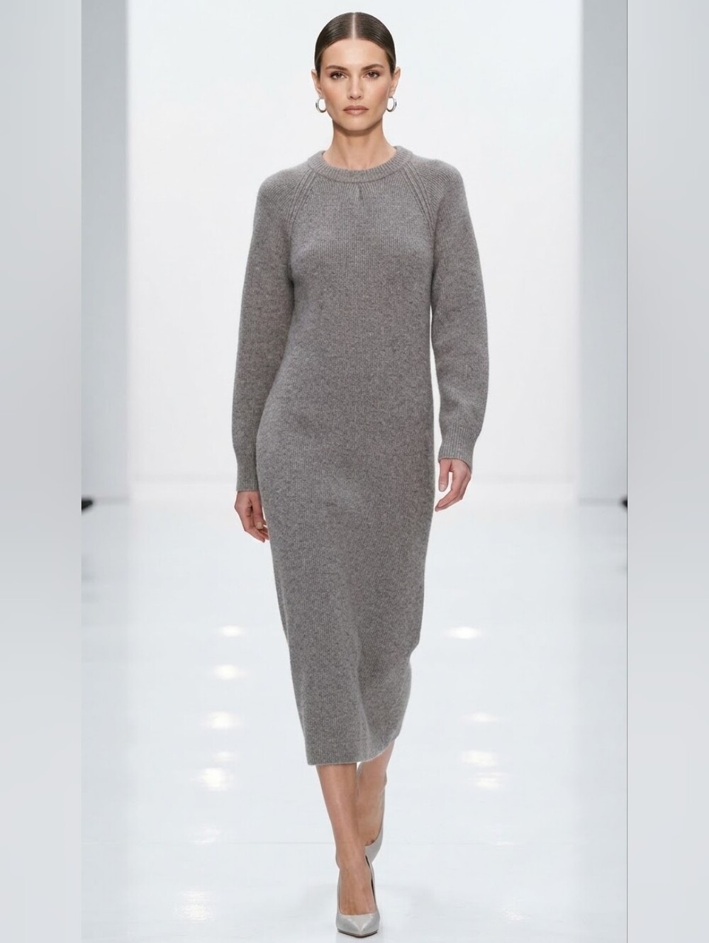 H&M Gray Ribbed Knit Midi Sweater Dress Size L Long Sleeve Cozy Fall Winter NWT